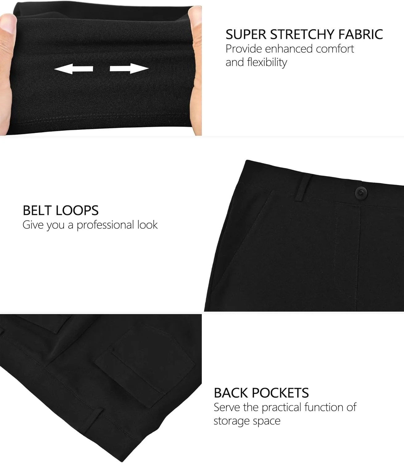 BANETTETA Women's High Waisted Stretch Dress Pants, Black Work Pants with Pockets, Tummy Control Slacks, Petite (6-18)
