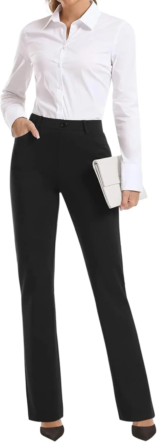 BANETTETA Women's High Waisted Stretch Dress Pants, Black Work Pants with Pockets, Tummy Control Slacks, Petite (6-18)