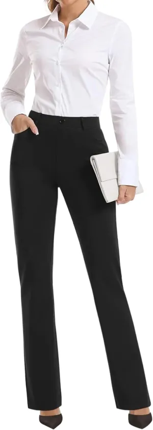 BANETTETA Women's High Waisted Stretch Dress Pants, Black Work Pants with Pockets, Tummy Control Slacks, Petite (6-18)
