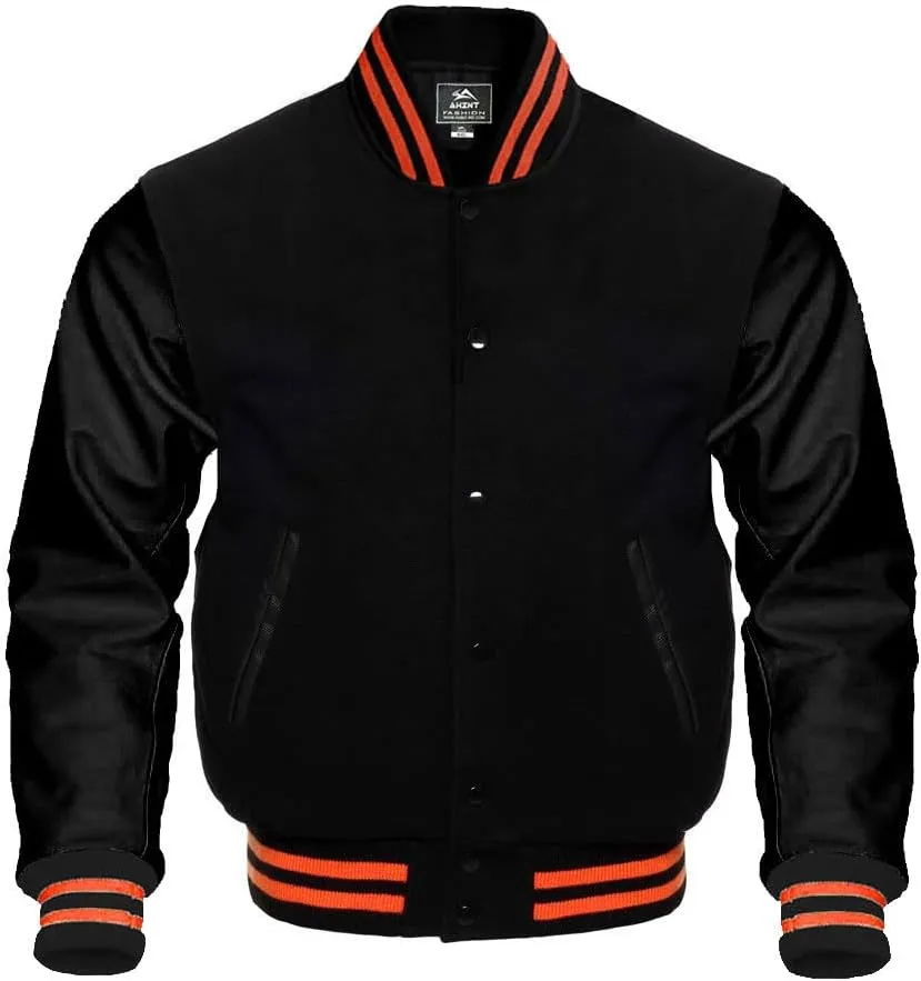 Baseball Jacket Varsity Letterman Jackets Genuine Leather Sleeves & 37 Team Colors Original Wool