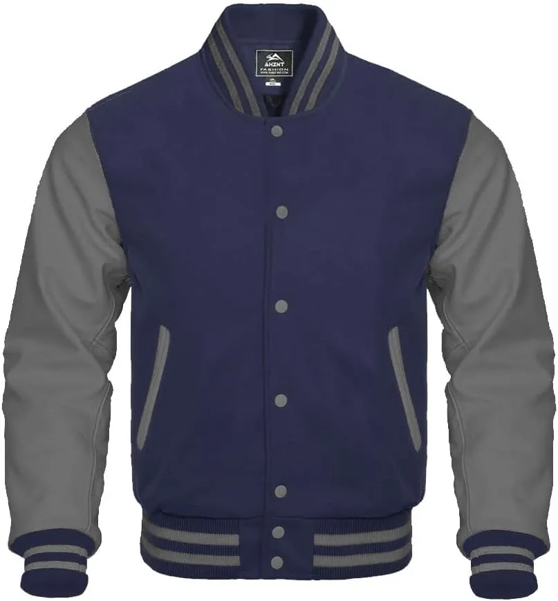 Baseball Jacket Varsity Letterman Jackets Genuine Leather Sleeves & 37 Team Colors Original Wool