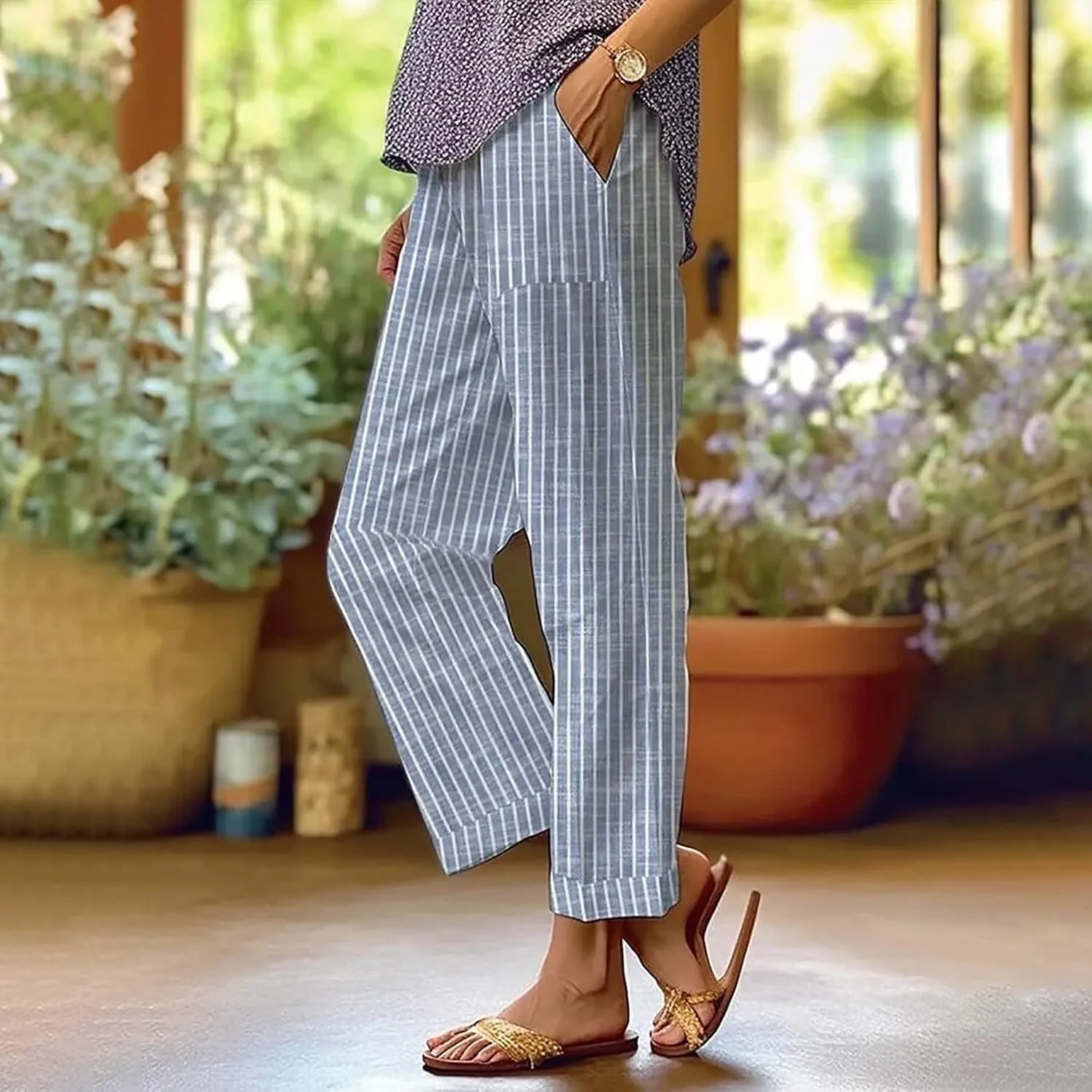 Beach Vacation Solid Elastic Pants Long Drawstring Linen Women Waist Cotton Casual Pants Lightweight Elastic Waist
