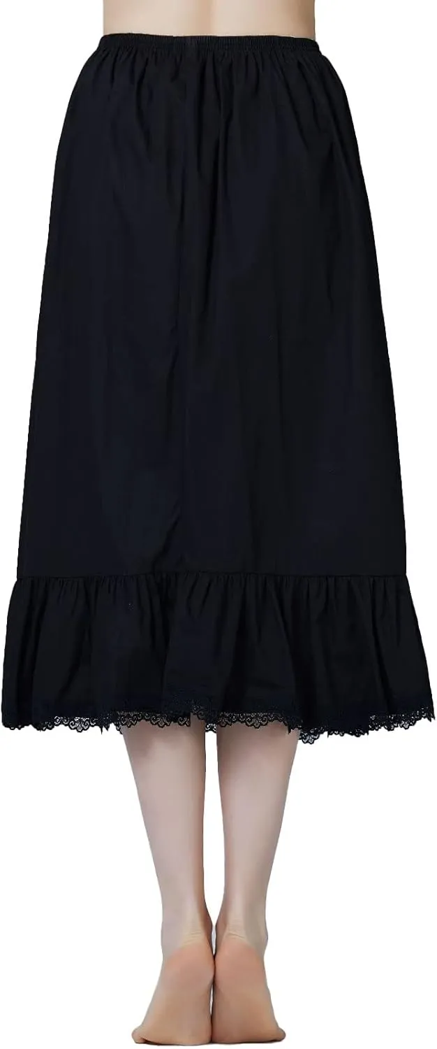 BEAUTELICATE Women Half Slip 100% Cotton Underskirt Skirt Extender with Ruffle Lace Trim Long Skirt