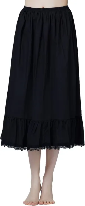 BEAUTELICATE Women Half Slip 100% Cotton Underskirt Skirt Extender with Ruffle Lace Trim Long Skirt