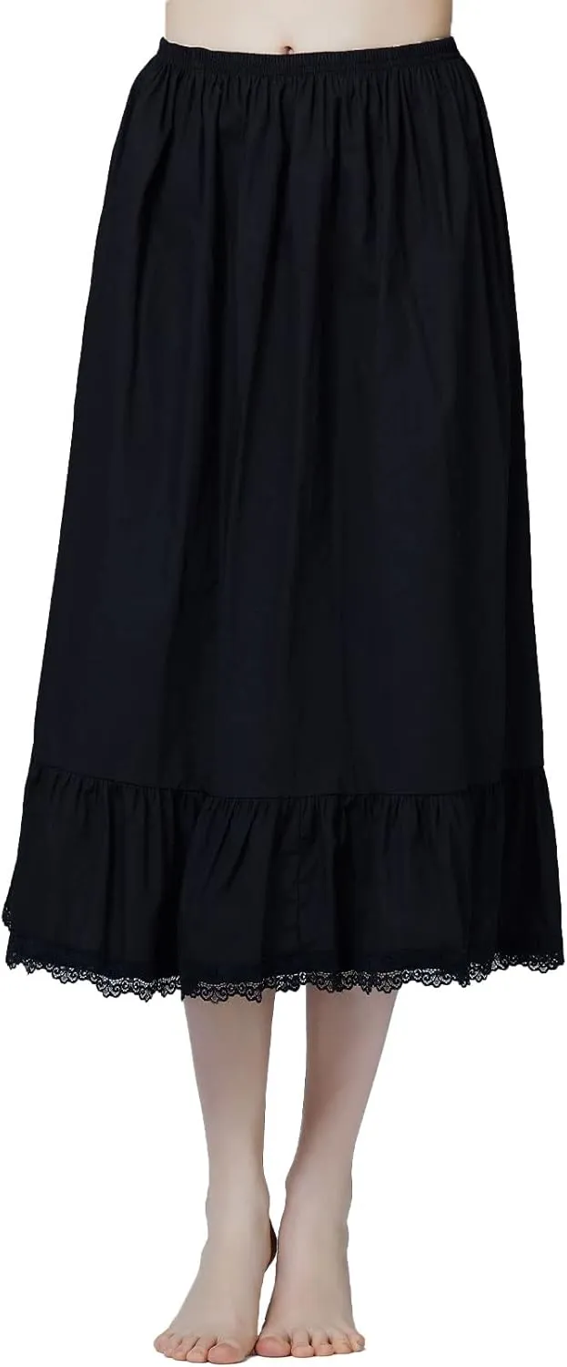 BEAUTELICATE Women Half Slip 100% Cotton Underskirt Skirt Extender with Ruffle Lace Trim Long Skirt