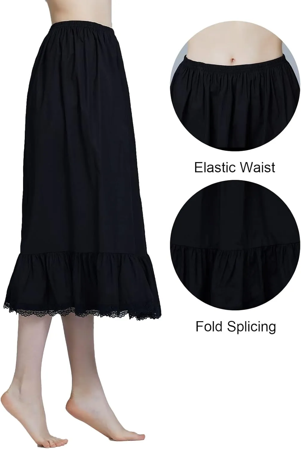BEAUTELICATE Women Half Slip 100% Cotton Underskirt Skirt Extender with Ruffle Lace Trim Long Skirt