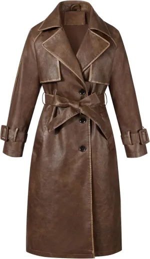 Bellivera Women Trench Coat Long Loose Jacket Faux PU Leather Oversize Classic Lapel Overcoat with Belt