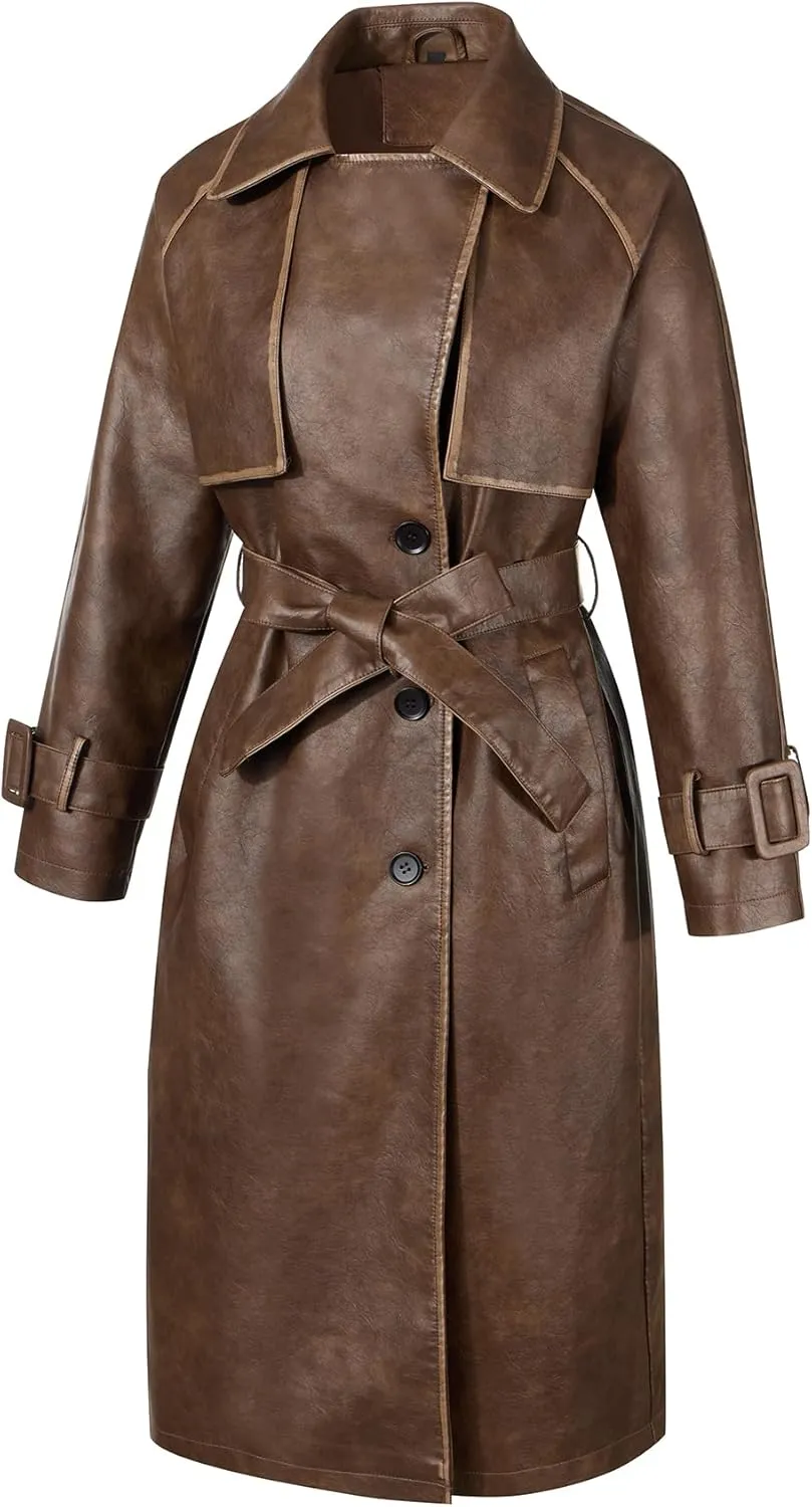 Bellivera Women Trench Coat Long Loose Jacket Faux PU Leather Oversize Classic Lapel Overcoat with Belt