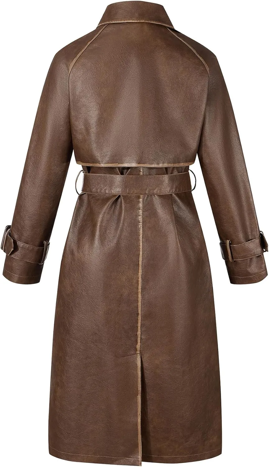 Bellivera Women Trench Coat Long Loose Jacket Faux PU Leather Oversize Classic Lapel Overcoat with Belt