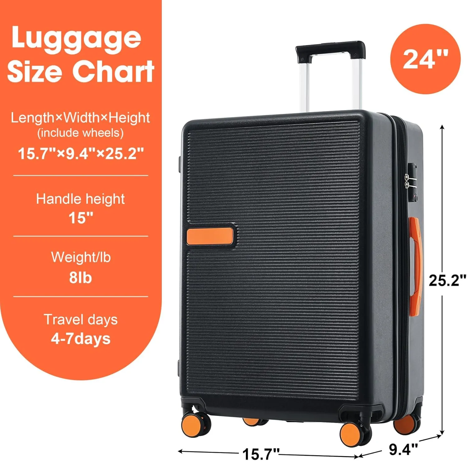belupai Expandable Hardshell Luggage,Lightweight Carry On Suitcase with Spinner Wheels (Black, 24in)