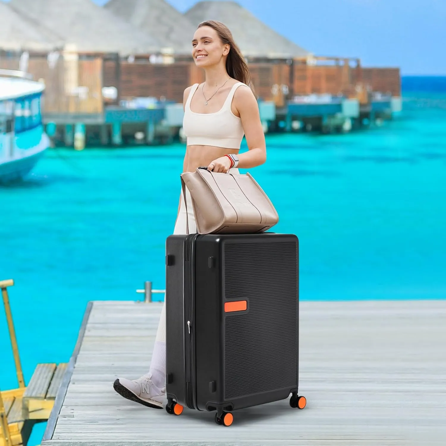 belupai Expandable Hardshell Luggage,Lightweight Carry On Suitcase with Spinner Wheels (Black, 24in)