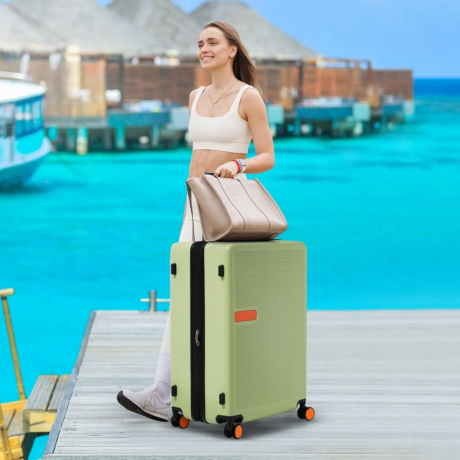 belupai Expandable Hardshell Luggage,Lightweight Carry On Suitcase with Spinner Wheels (Green, 24in)