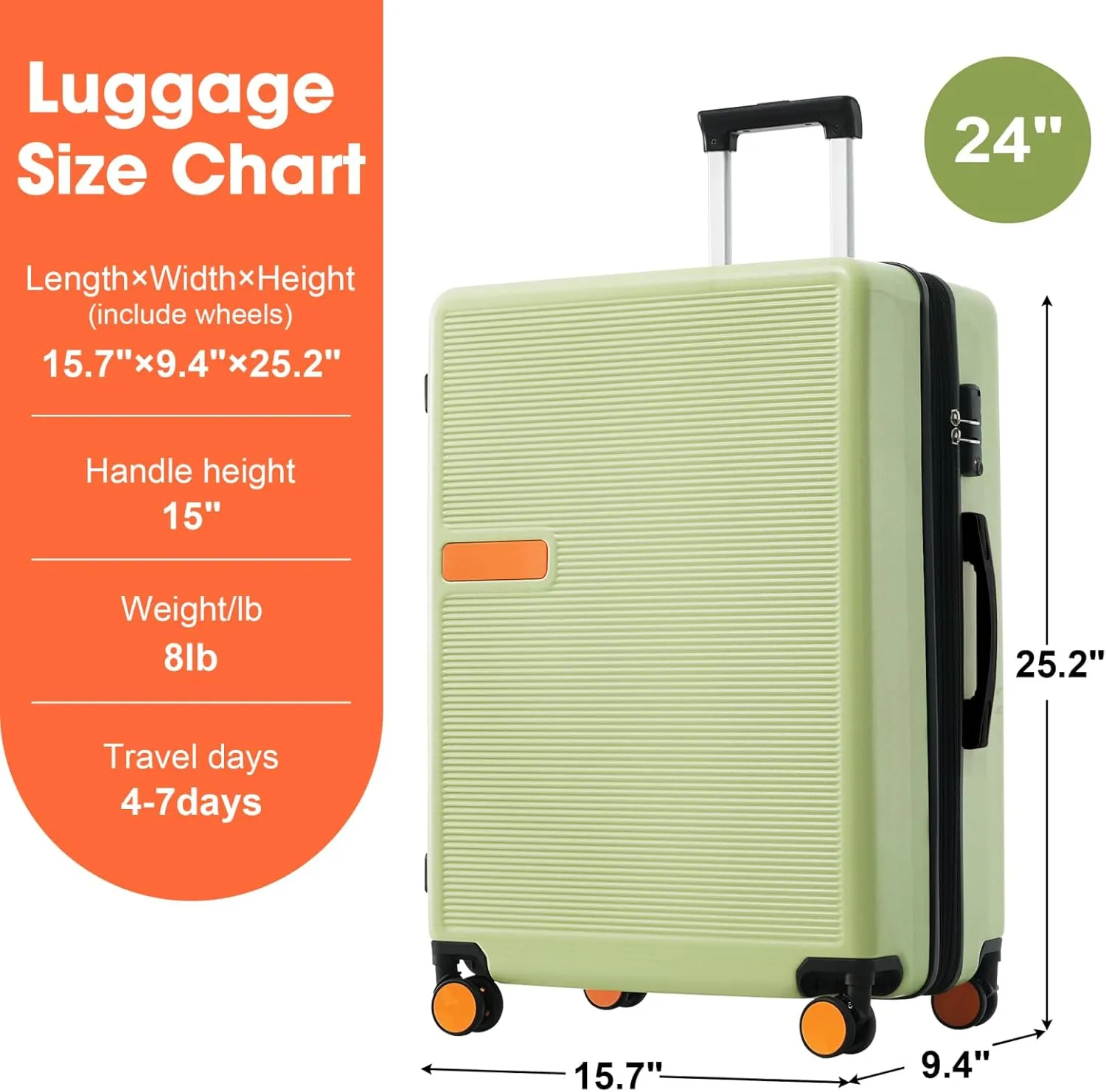 belupai Expandable Hardshell Luggage,Lightweight Carry On Suitcase with Spinner Wheels (Green, 24in)