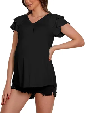 Bhome Maternity Shirt V Neck Ruffle Sleeves Maternity Top Flowy Loose Fit Pregnant Shirt Summer