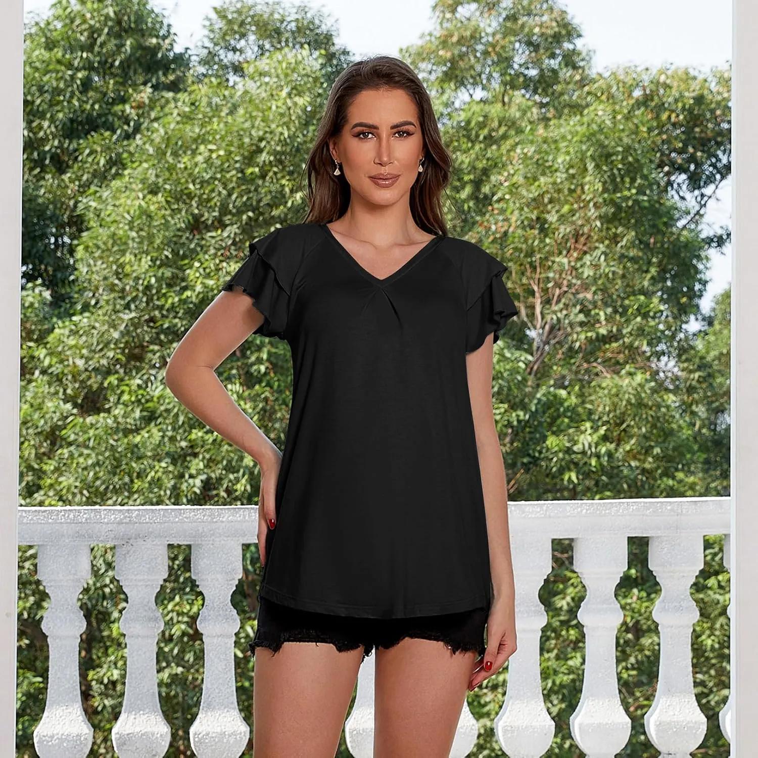 Bhome Maternity Shirt V Neck Ruffle Sleeves Maternity Top Flowy Loose Fit Pregnant Shirt Summer