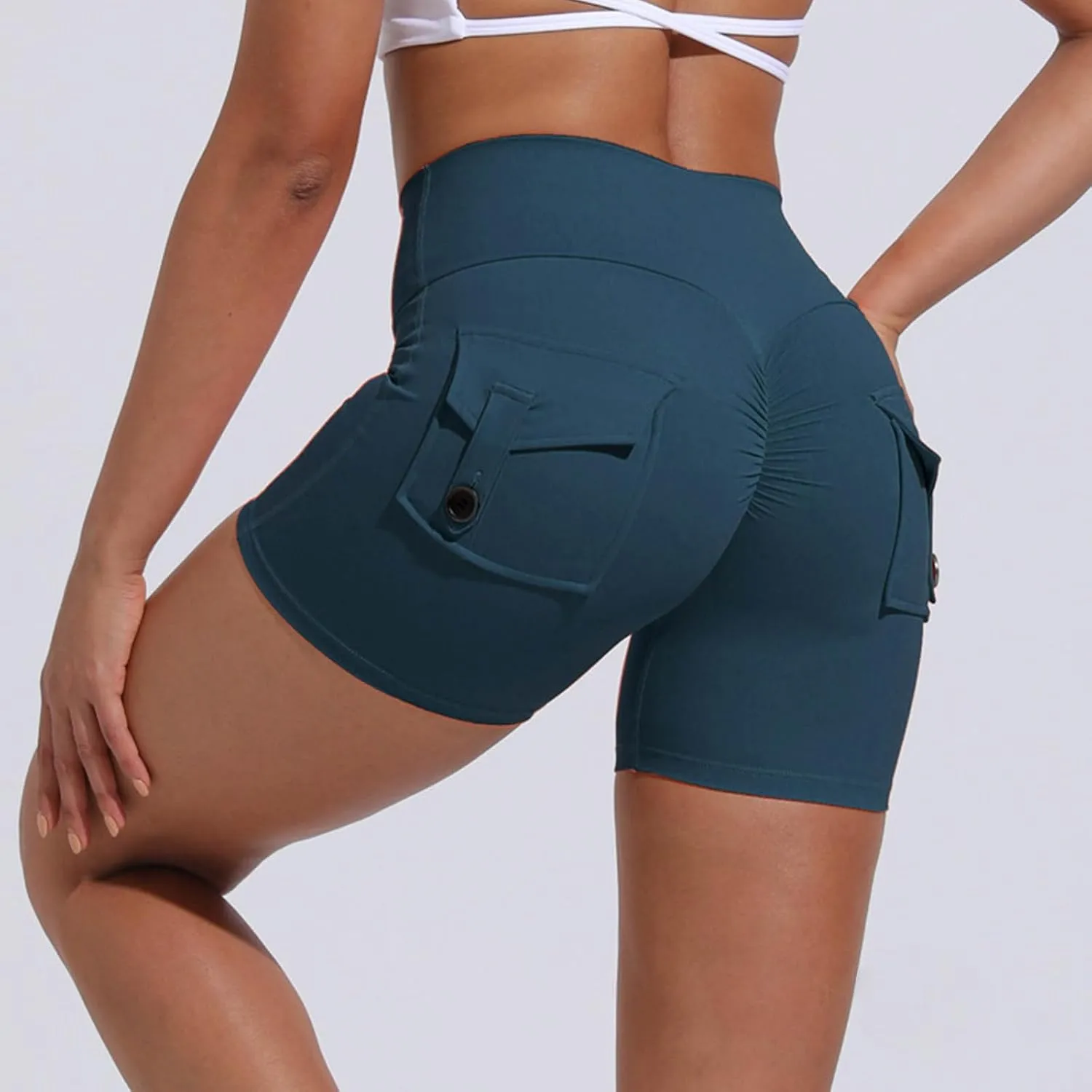 Biker Shorts Women with Pockets High Waisted Workout Tummy Control Gym Cargo Pants Butt Lifting Running Yoga Shorts