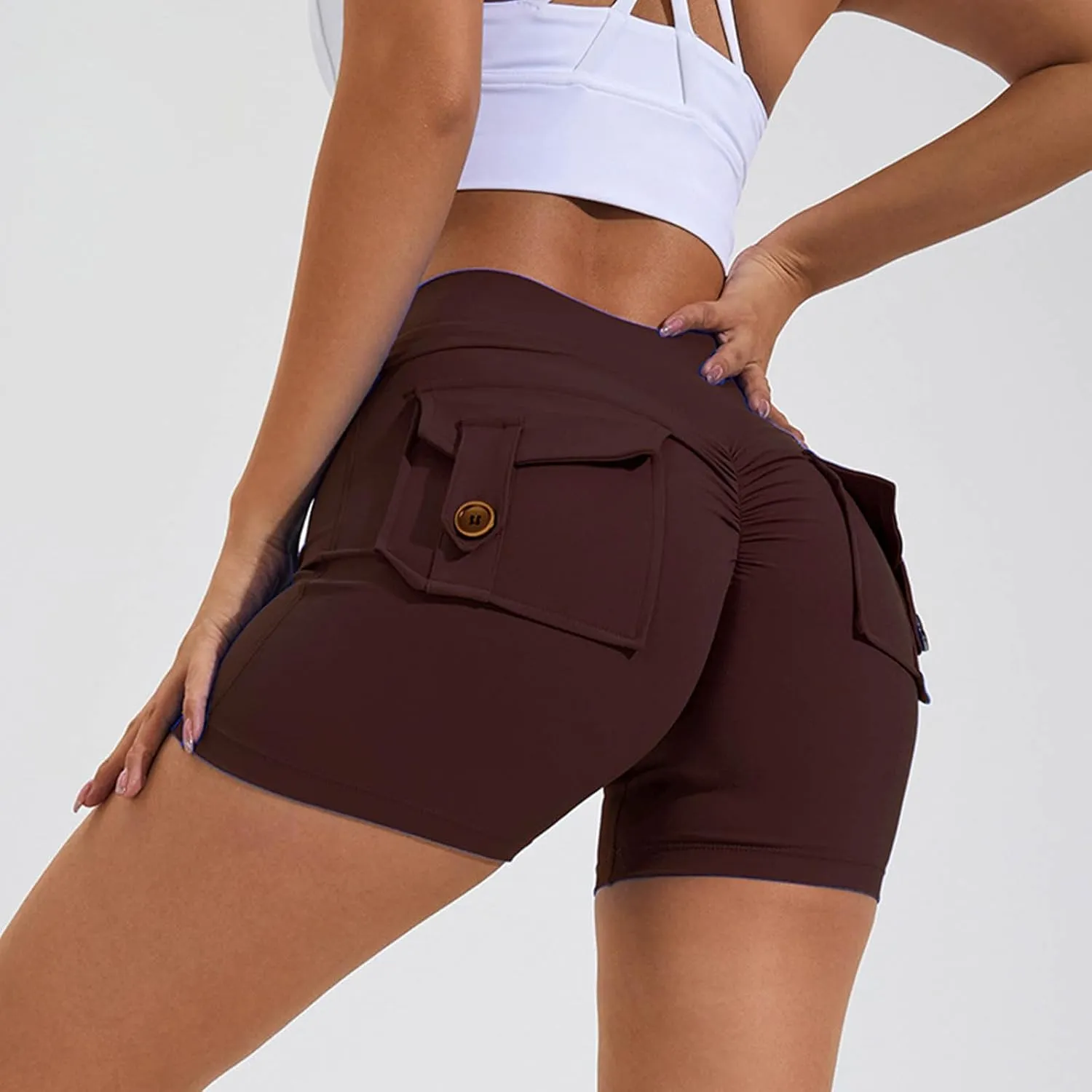 Biker Shorts Women with Pockets High Waisted Workout Tummy Control Gym Cargo Pants Butt Lifting Running Yoga Shorts