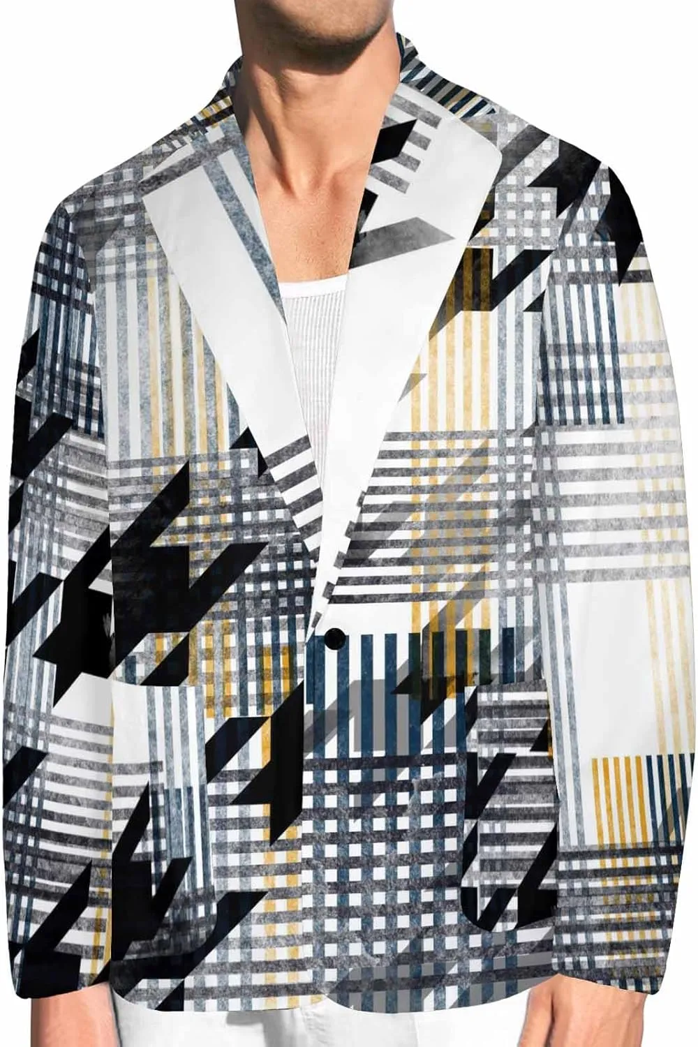 Blazer for Men Black and Orange Houndstooth Men's Long-Sleeve Classic-Fit Button-Front Stretch Blazer