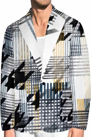 Blazer for Men Black and Orange Houndstooth Men's Long-Sleeve Classic-Fit Button-Front Stretch Blazer