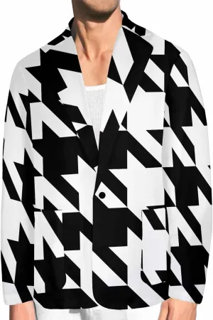 Blazer for Men Black and Orange Houndstooth Men's Long-Sleeve Classic-Fit Button-Front Stretch Blazer