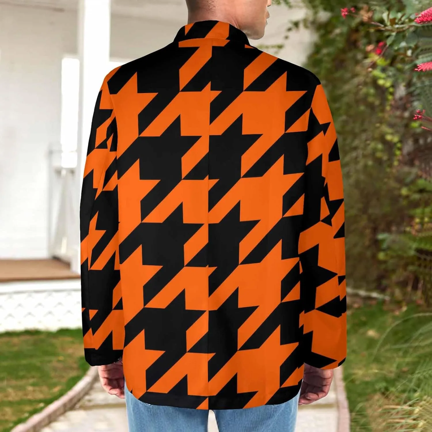 Blazer for Men Black and Orange Houndstooth Men's Long-Sleeve Classic-Fit Button-Front Stretch Blazer