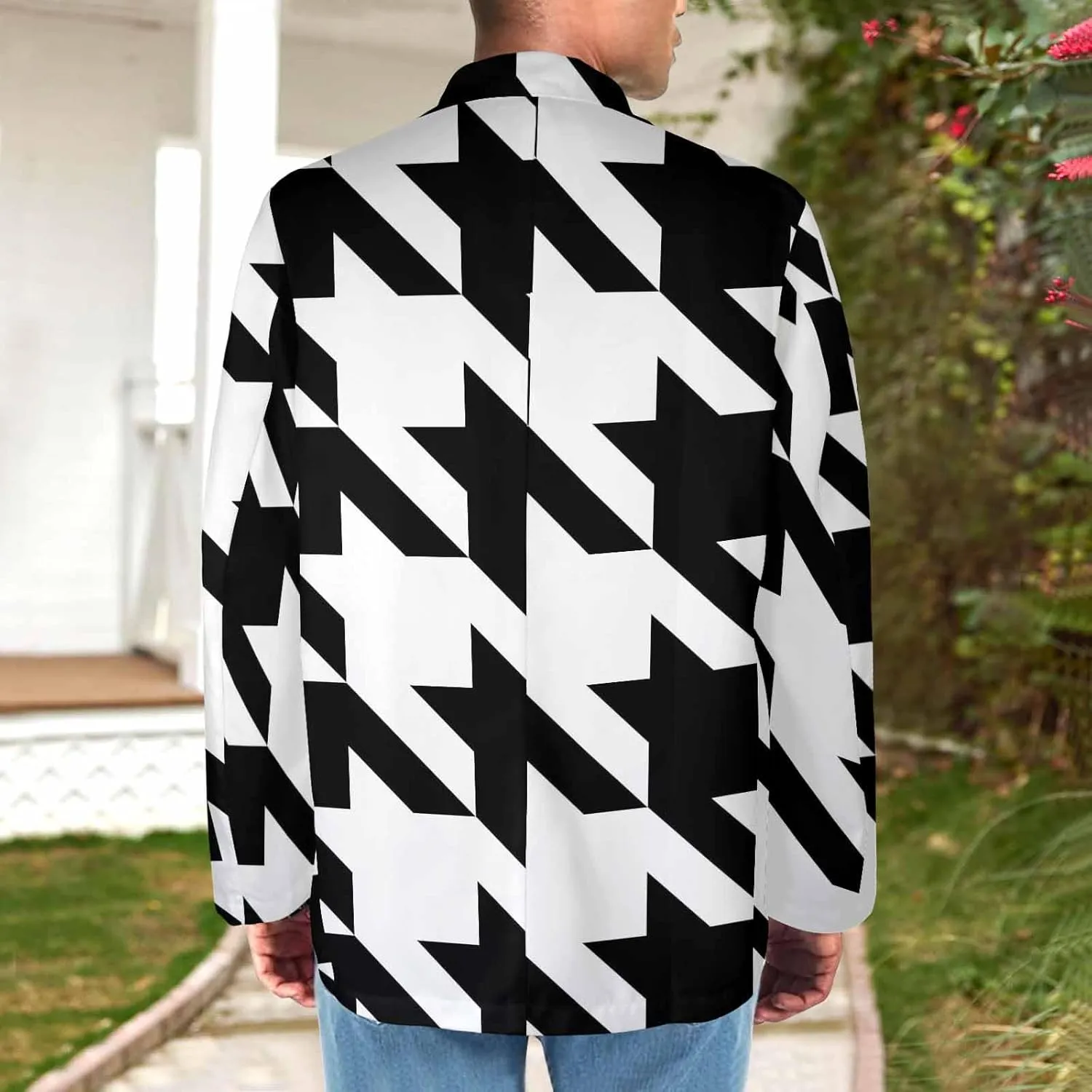 Blazer for Men Black and Orange Houndstooth Men's Long-Sleeve Classic-Fit Button-Front Stretch Blazer