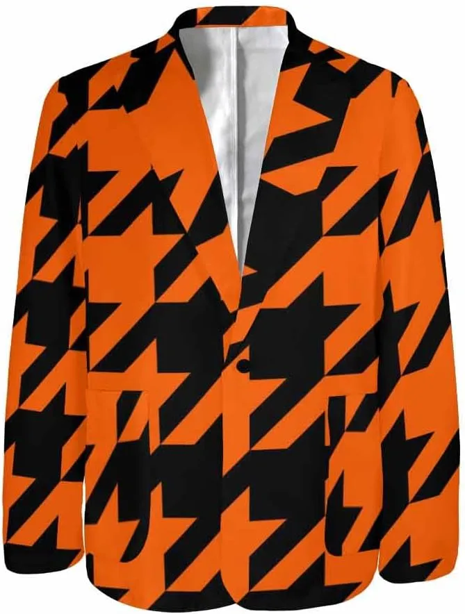 Blazer for Men Black and Orange Houndstooth Men's Long-Sleeve Classic-Fit Button-Front Stretch Blazer