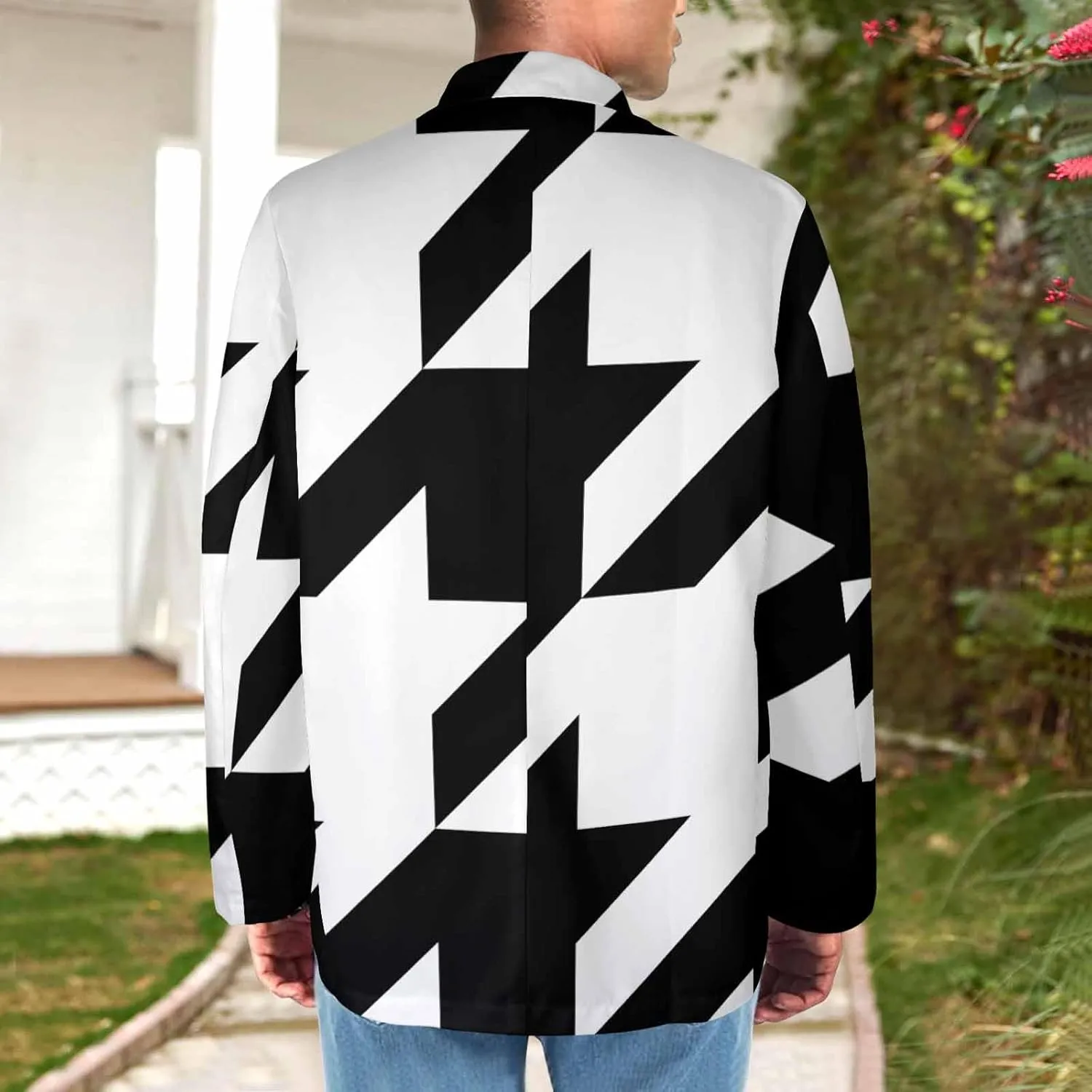 Blazer for Men Black and Orange Houndstooth Men's Long-Sleeve Classic-Fit Button-Front Stretch Blazer