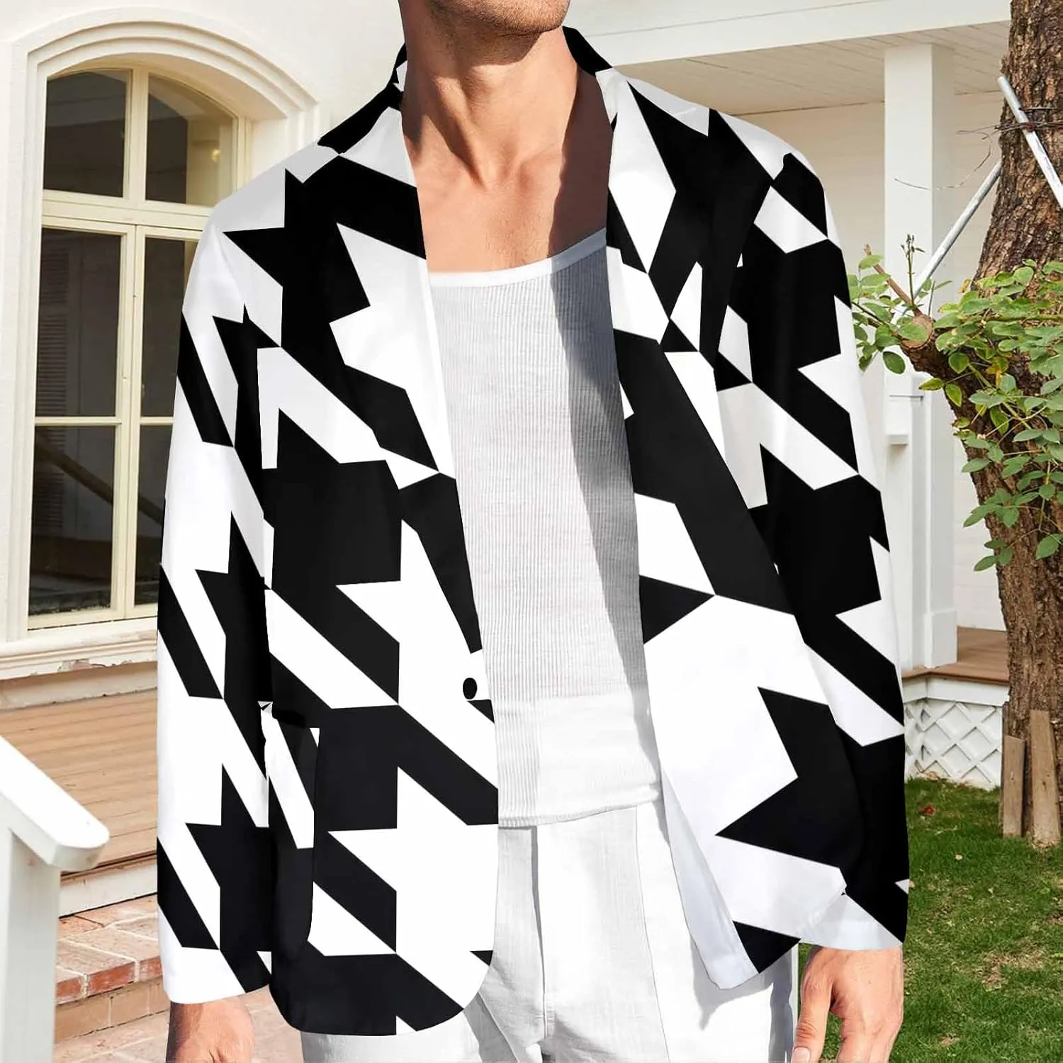Blazer for Men Black and Orange Houndstooth Men's Long-Sleeve Classic-Fit Button-Front Stretch Blazer