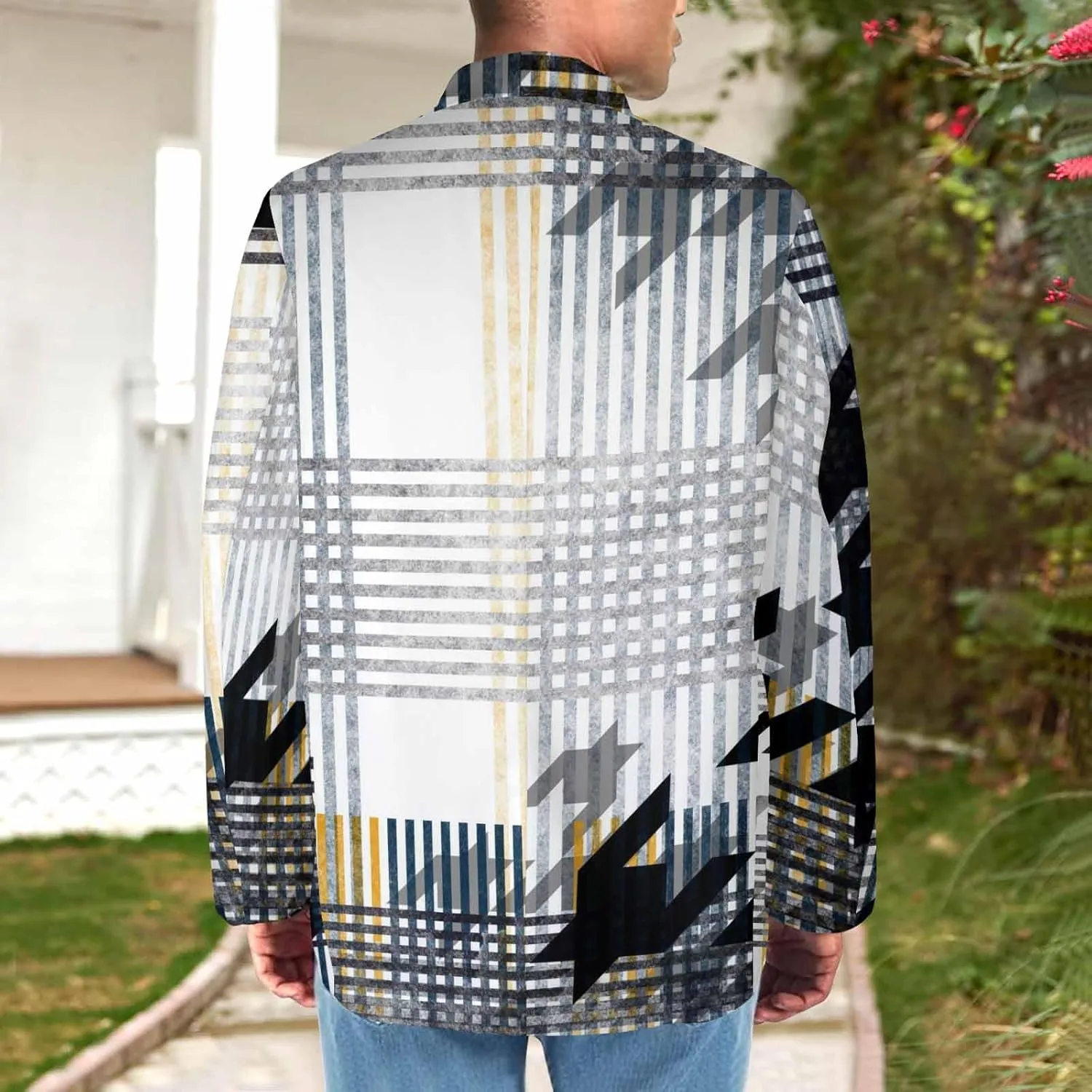 Blazer for Men Black and Orange Houndstooth Men's Long-Sleeve Classic-Fit Button-Front Stretch Blazer
