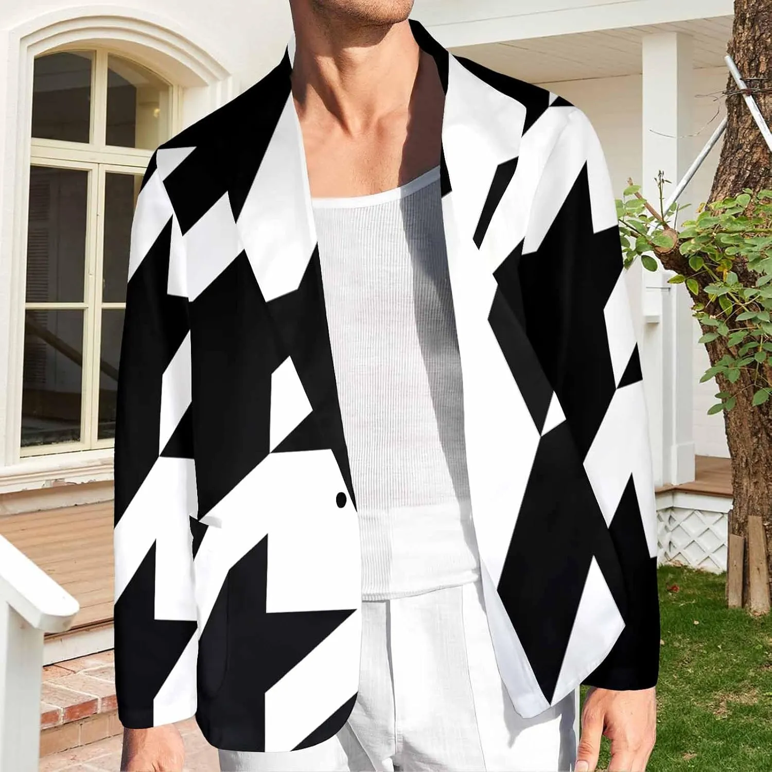 Blazer for Men Black and Orange Houndstooth Men's Long-Sleeve Classic-Fit Button-Front Stretch Blazer