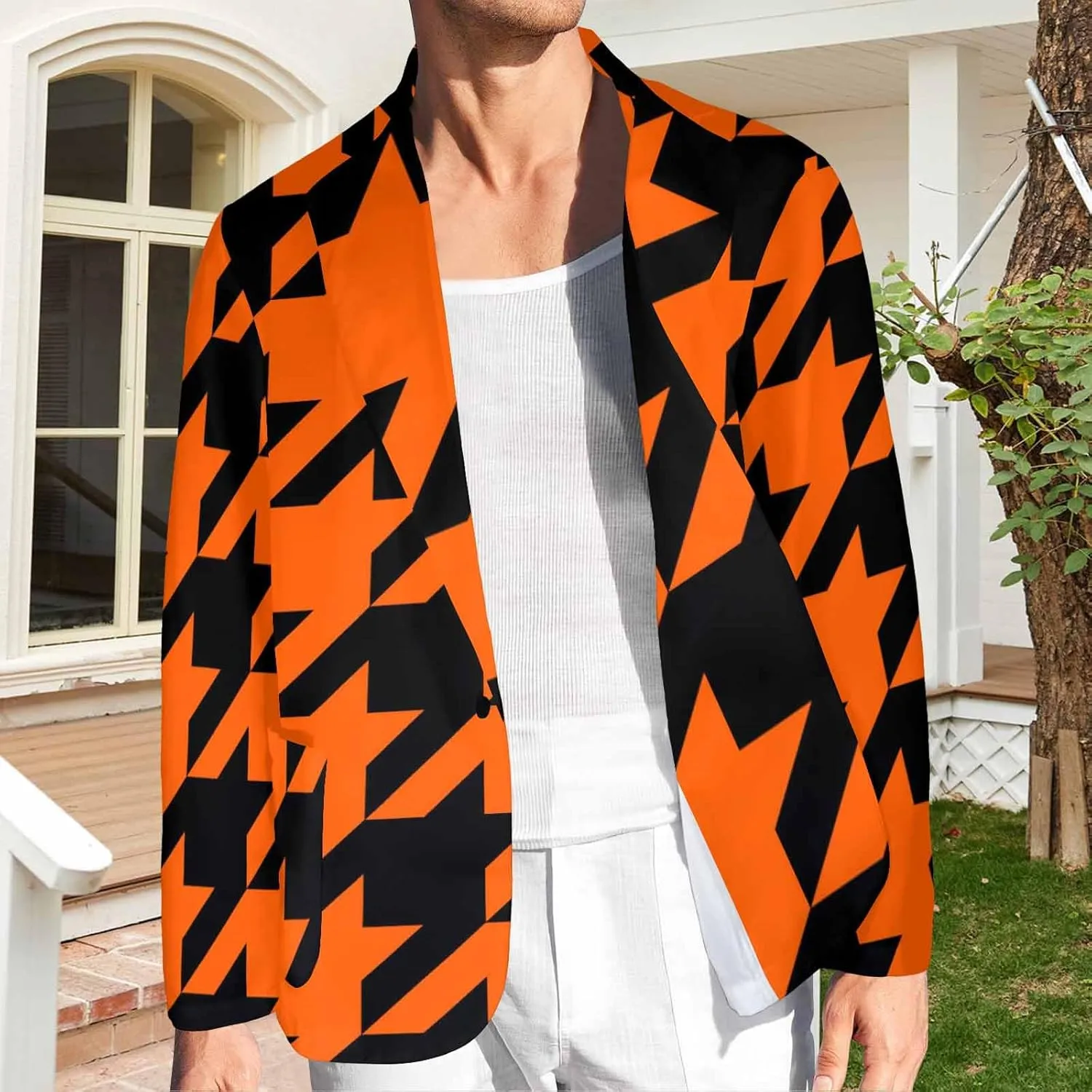 Blazer for Men Black and Orange Houndstooth Men's Long-Sleeve Classic-Fit Button-Front Stretch Blazer