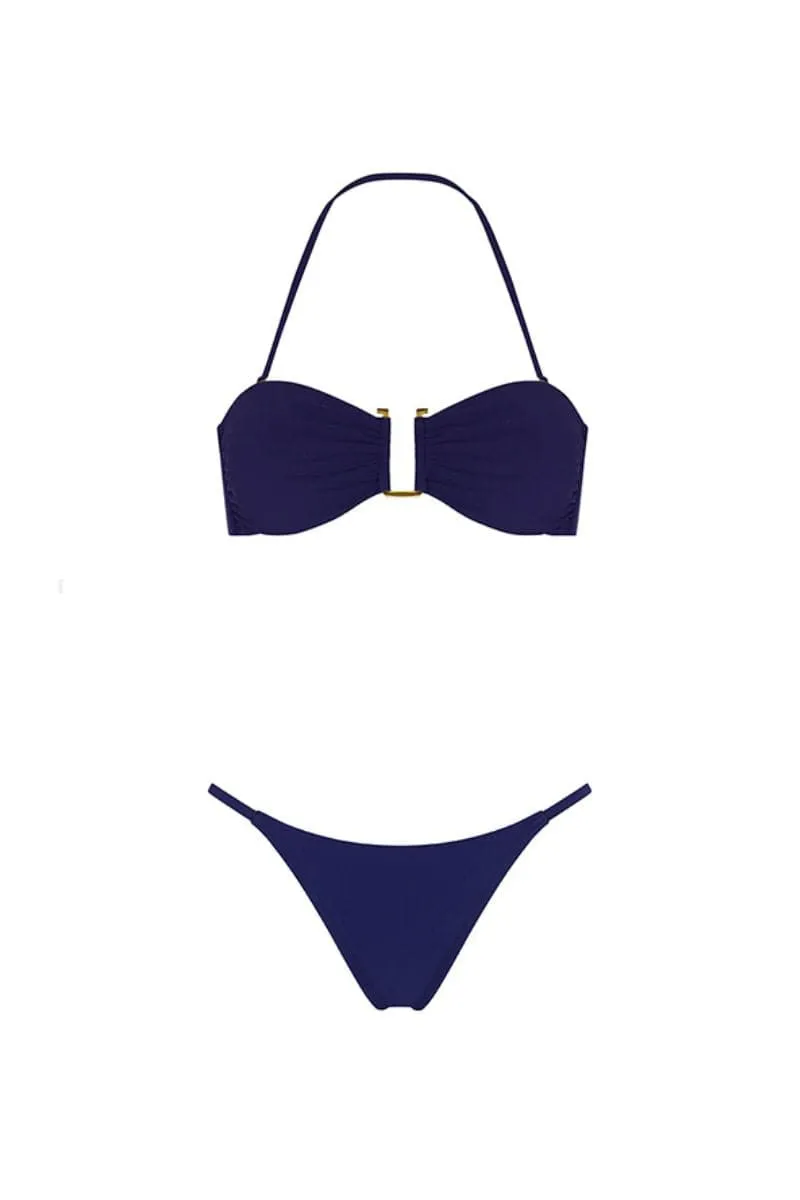 BLUE BANDEAU TOP AND STRING BOTTOM BIKINI