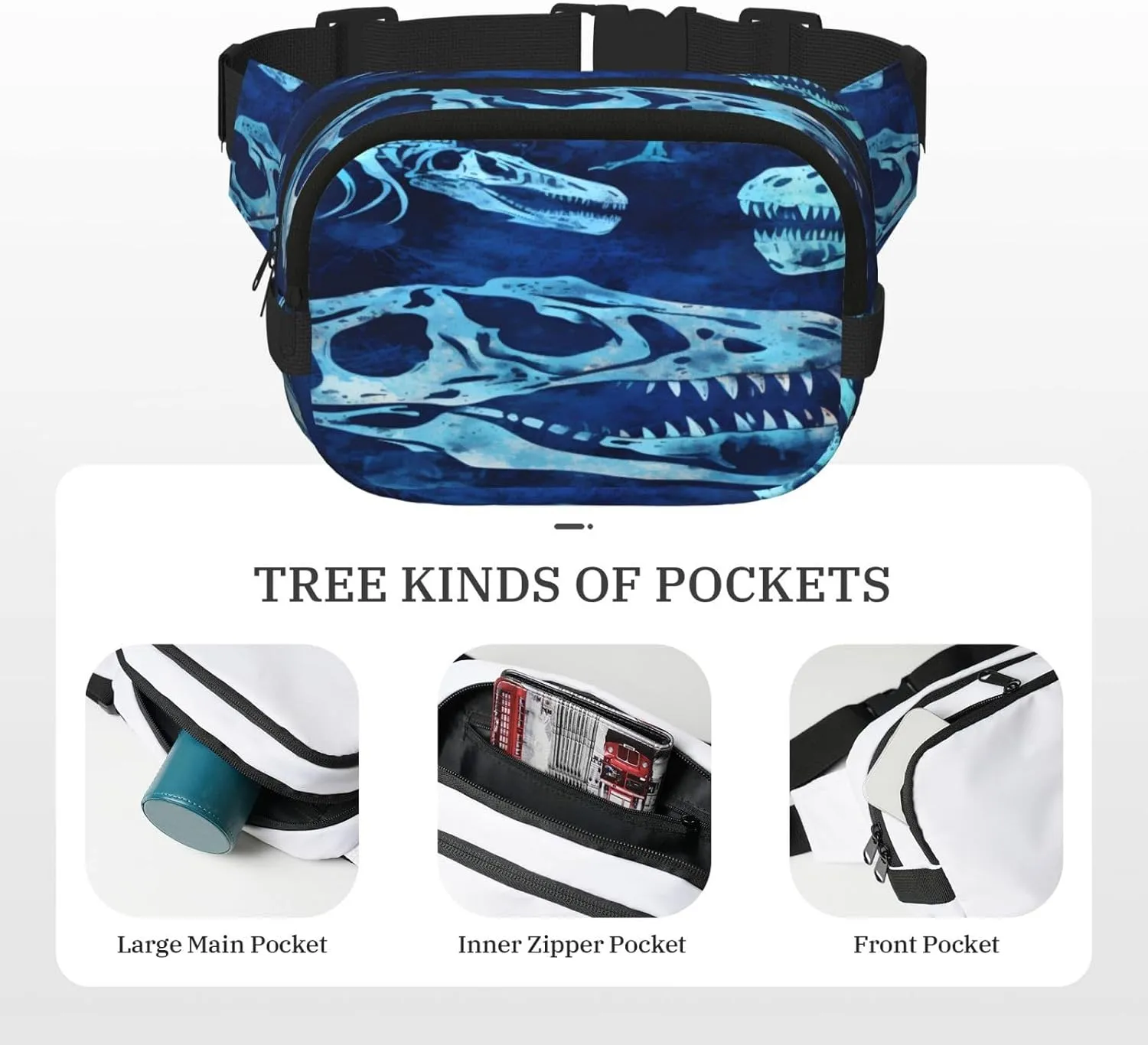Blue Dinosaur Print Funny Pack Waist Pack for Women Men, Double Layer Pack for Workout Running Travelling
