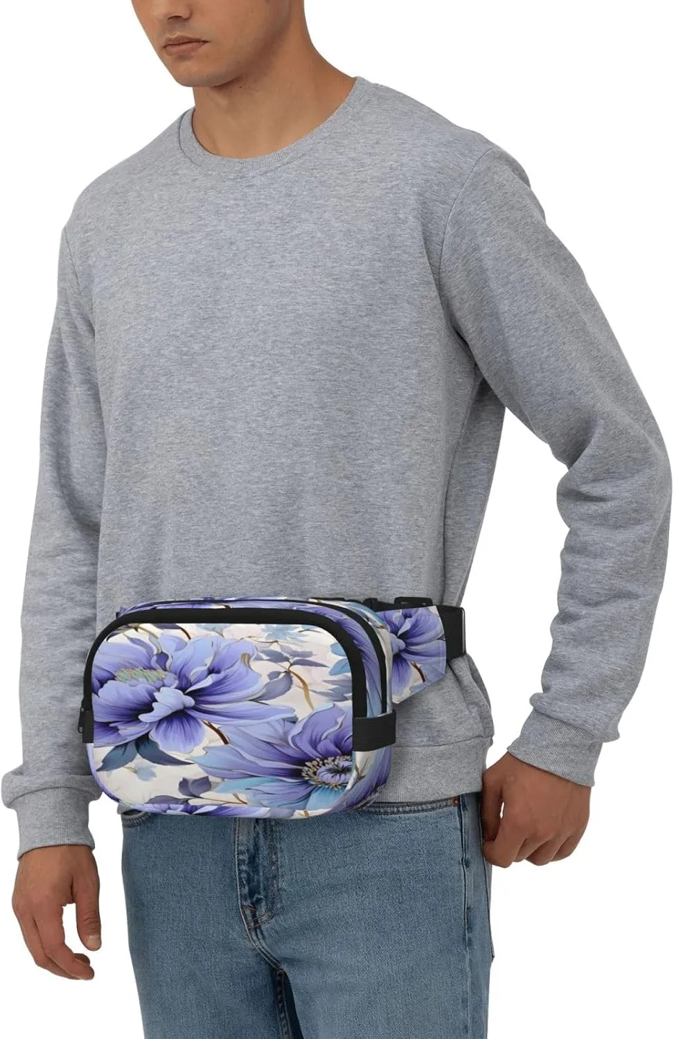 Blue Flower Pattern Funny Pack Waist Pack for Women Men, Double Layer Pack for Workout Running Travelling