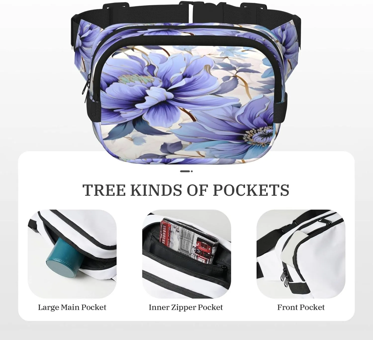 Blue Flower Pattern Funny Pack Waist Pack for Women Men, Double Layer Pack for Workout Running Travelling