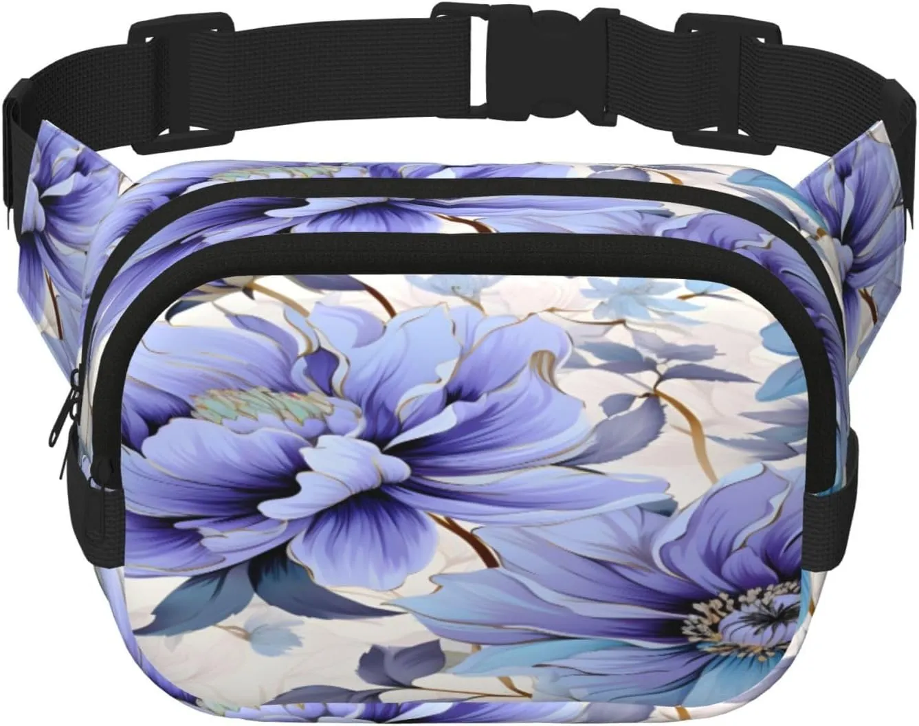 Blue Flower Pattern Funny Pack Waist Pack for Women Men, Double Layer Pack for Workout Running Travelling