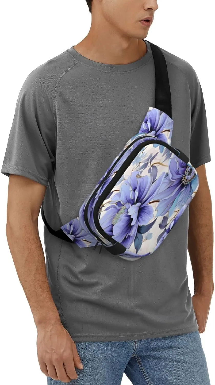 Blue Flower Pattern Funny Pack Waist Pack for Women Men, Double Layer Pack for Workout Running Travelling