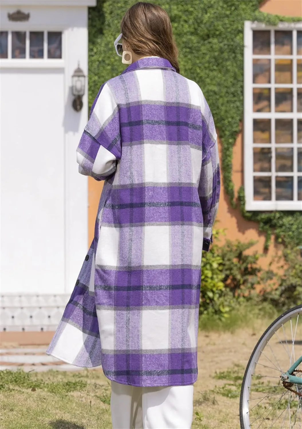 BOFETA Ladies Plaid Jackets Long Sleeve Flannel Shacket Jacket for Women Button Down Plaid Shacket