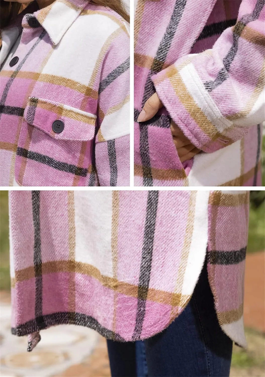 BOFETA Ladies Plaid Jackets Long Sleeve Flannel Shacket Jacket for Women Button Down Plaid Shacket