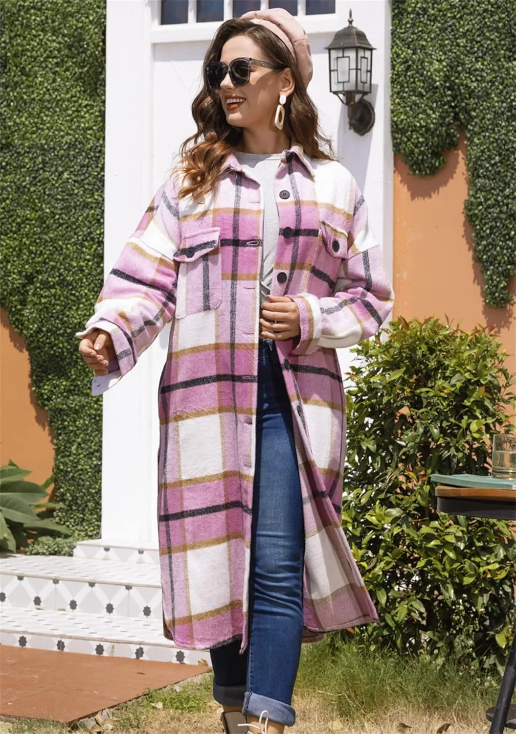 BOFETA Ladies Plaid Jackets Long Sleeve Flannel Shacket Jacket for Women Button Down Plaid Shacket