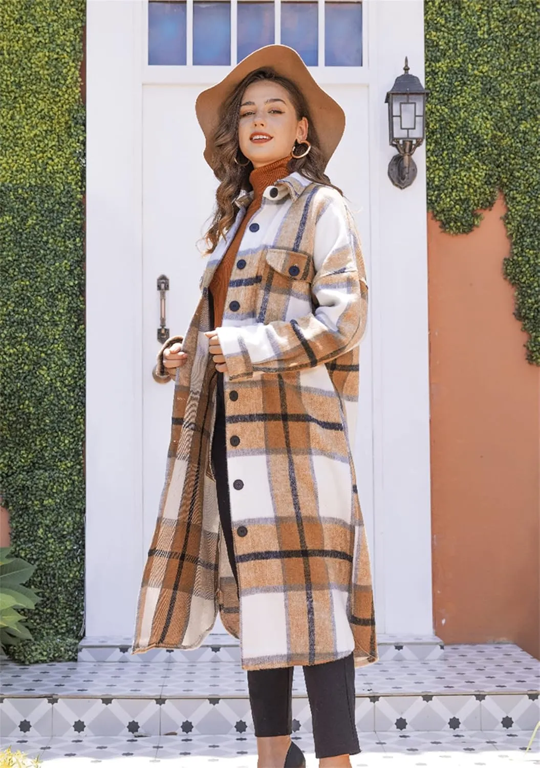 BOFETA Ladies Plaid Jackets Long Sleeve Flannel Shacket Jacket for Women Button Down Plaid Shacket