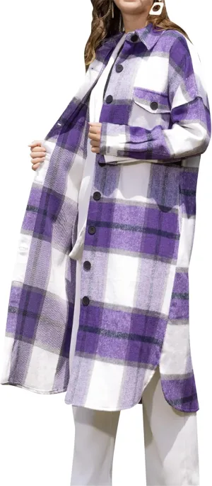 BOFETA Ladies Plaid Jackets Long Sleeve Flannel Shacket Jacket for Women Button Down Plaid Shacket