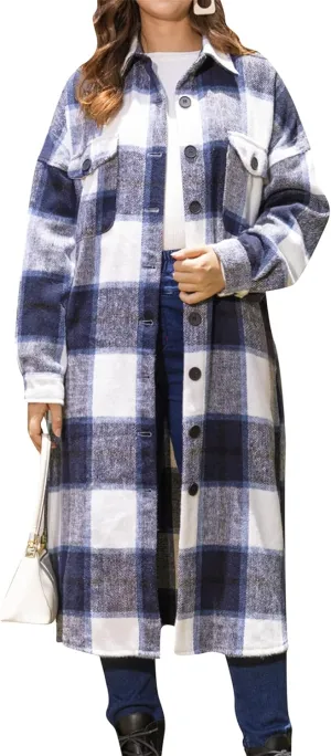 BOFETA Ladies Plaid Jackets Long Sleeve Flannel Shacket Jacket for Women Button Down Plaid Shacket