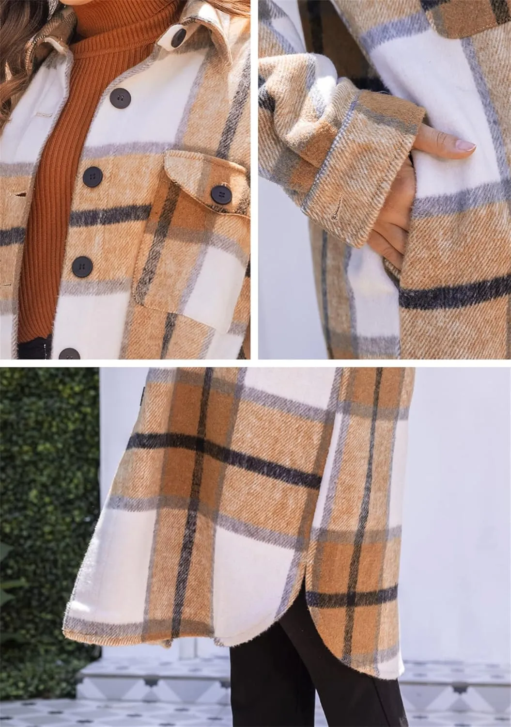 BOFETA Ladies Plaid Jackets Long Sleeve Flannel Shacket Jacket for Women Button Down Plaid Shacket