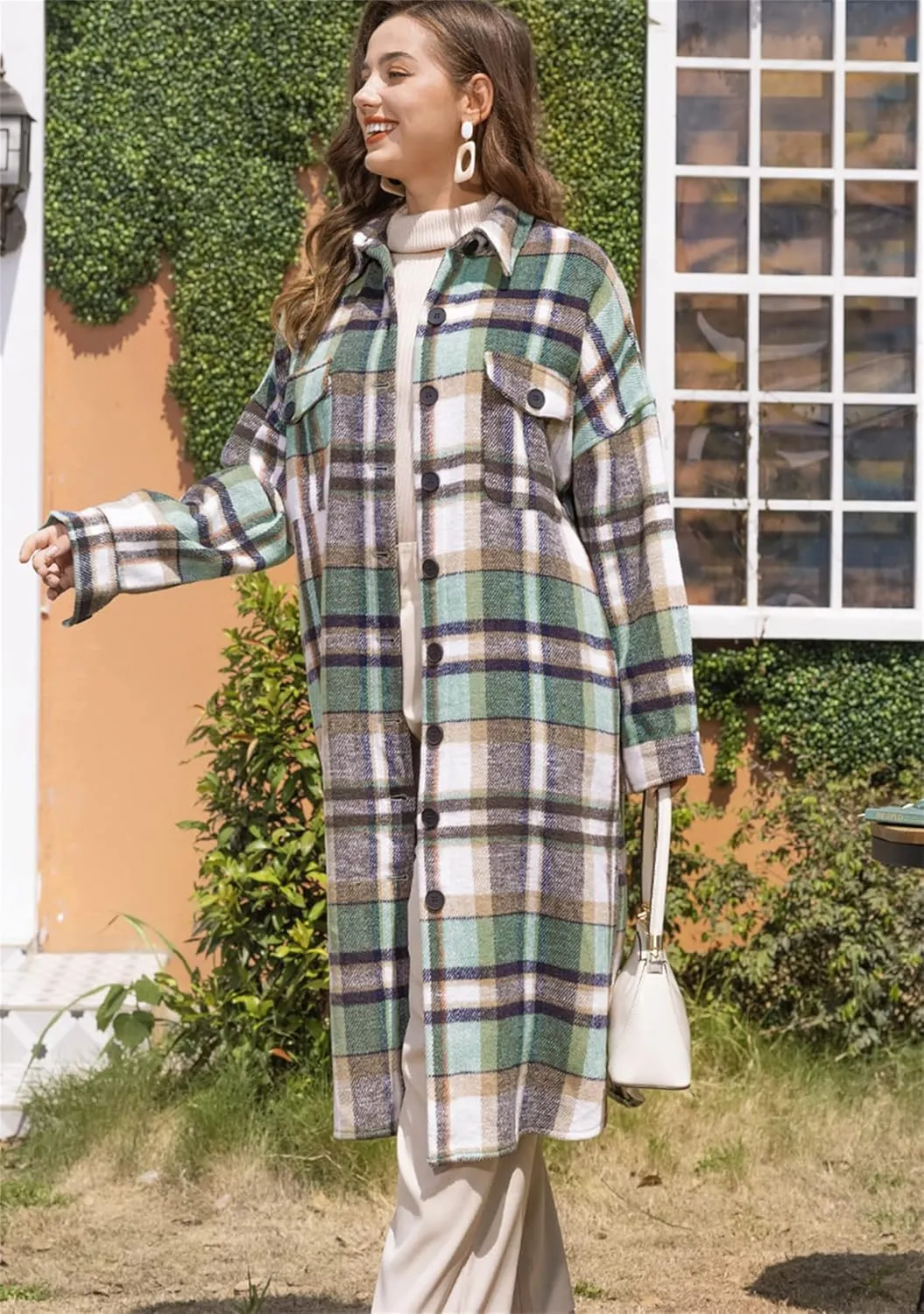 BOFETA Ladies Plaid Jackets Long Sleeve Flannel Shacket Jacket for Women Button Down Plaid Shacket