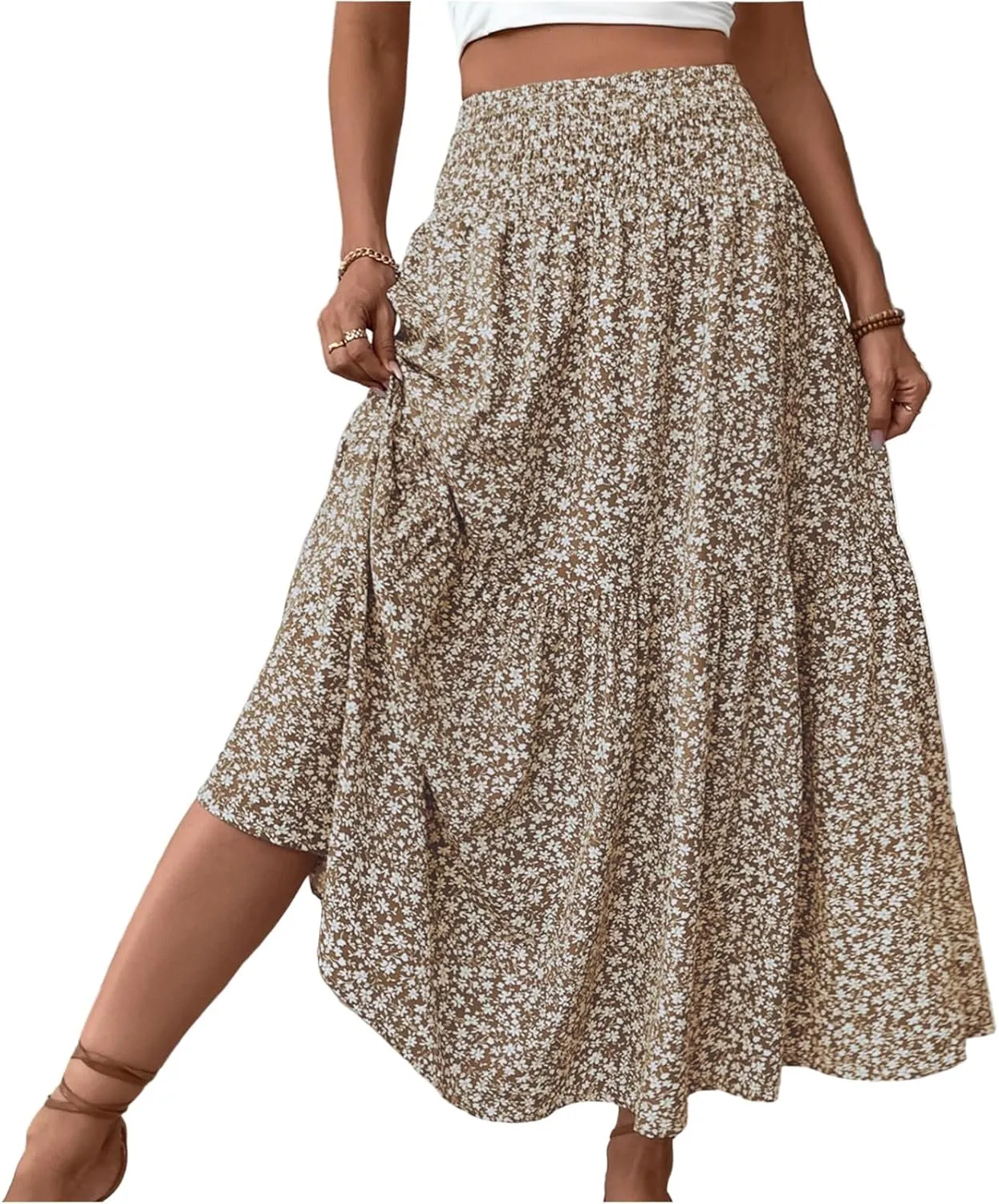 Boho Long Skirts for Women High Elastic Waist Midi Skirt Casual Summer Trendy Tie Ruffle Floral Print A line Skirts