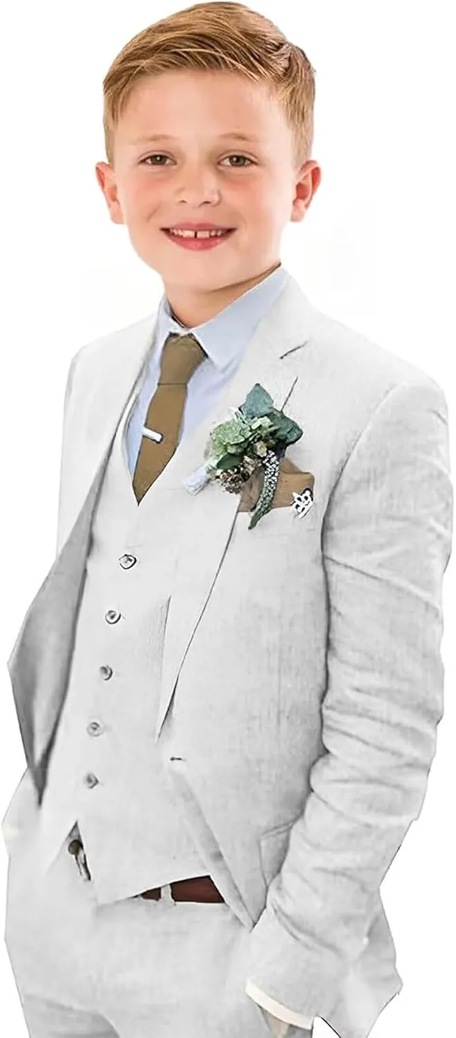 Boys Linen Suit Slim Fit 3 Piece Summer Beach Wedding Light Weight Suit Kids Linen Suit Jacket Vest Pant Set