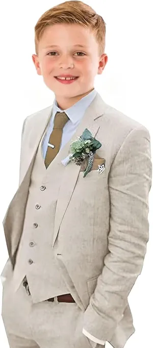 Boys Linen Suit Slim Fit 3 Piece Summer Beach Wedding Light Weight Suit Kids Linen Suit Jacket Vest Pant Set