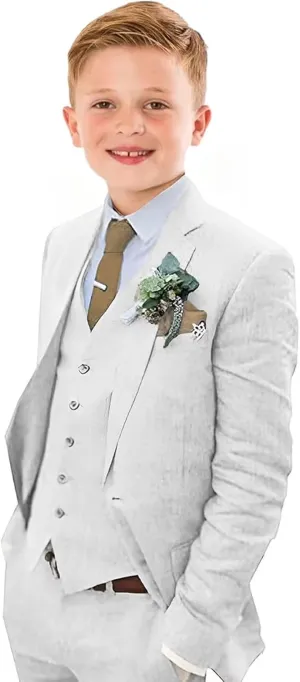 Boys Linen Suit Slim Fit 3 Piece Summer Beach Wedding Light Weight Suit Kids Linen Suit Jacket Vest Pant Set